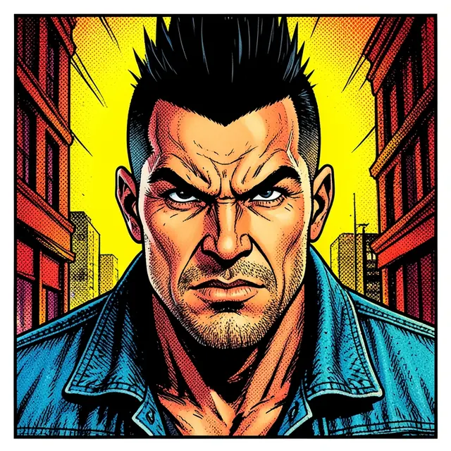 Comic Book pfp example: a man with a black mohawk and a denim jacket drawn as a comic book hero