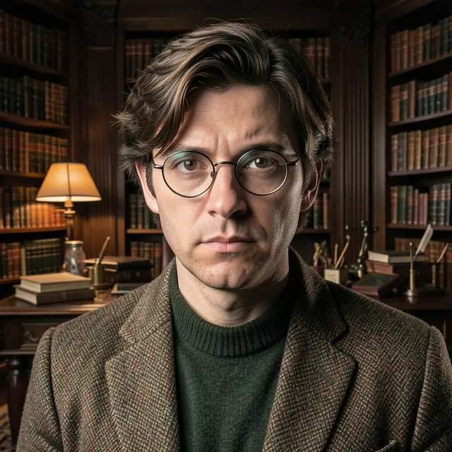 Dark Academia pfp example: a man with round glasses and a tweed blazer in a dark academia library