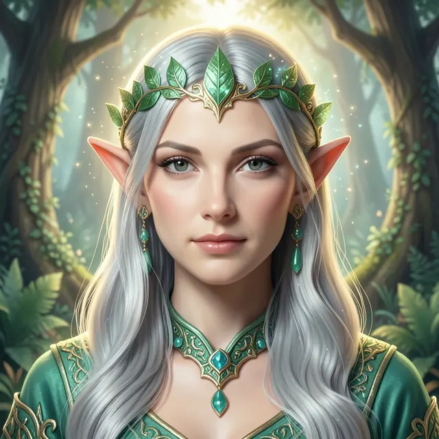 Fantasy Elf pfp example: an elf with silver hair and a leaf circlet in an enchanted forest