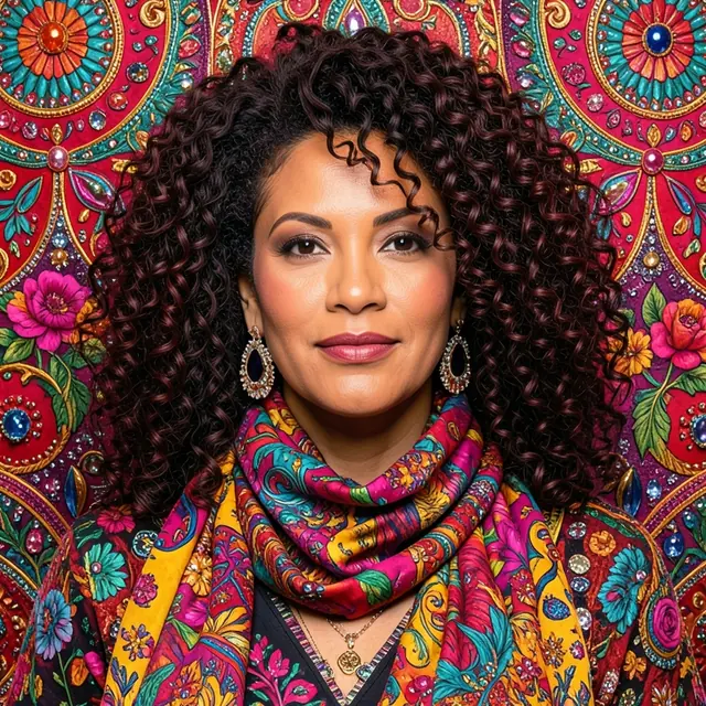 Maximalist pfp example: a woman with big curly hair, a patterned scarf and bold earrings in a maximalist portrait
