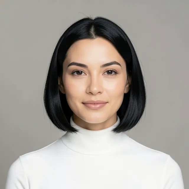 Minimalist pfp example: a woman with a sleek black bob in a minimalist portrait