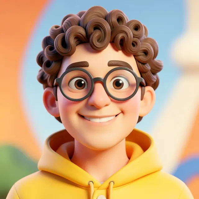 3D Animated pfp example: a curly-haired man with round glasses as a 3D animated character