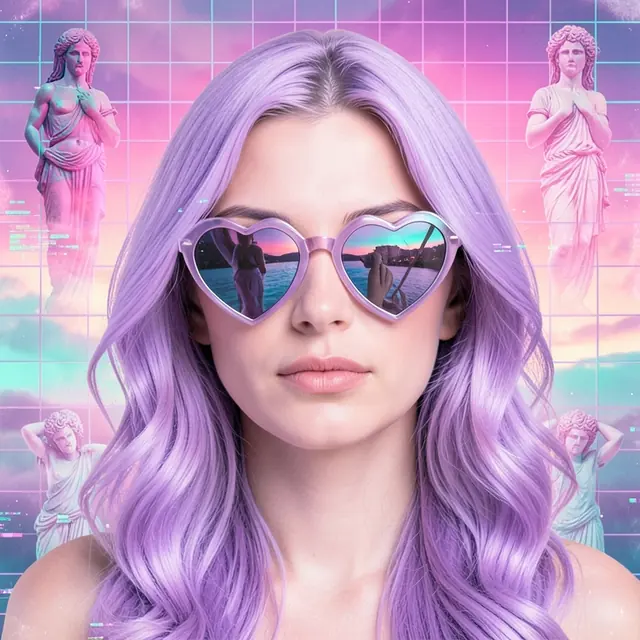 Vaporwave pfp example: a woman with lilac hair and heart-shaped sunglasses in vaporwave colours